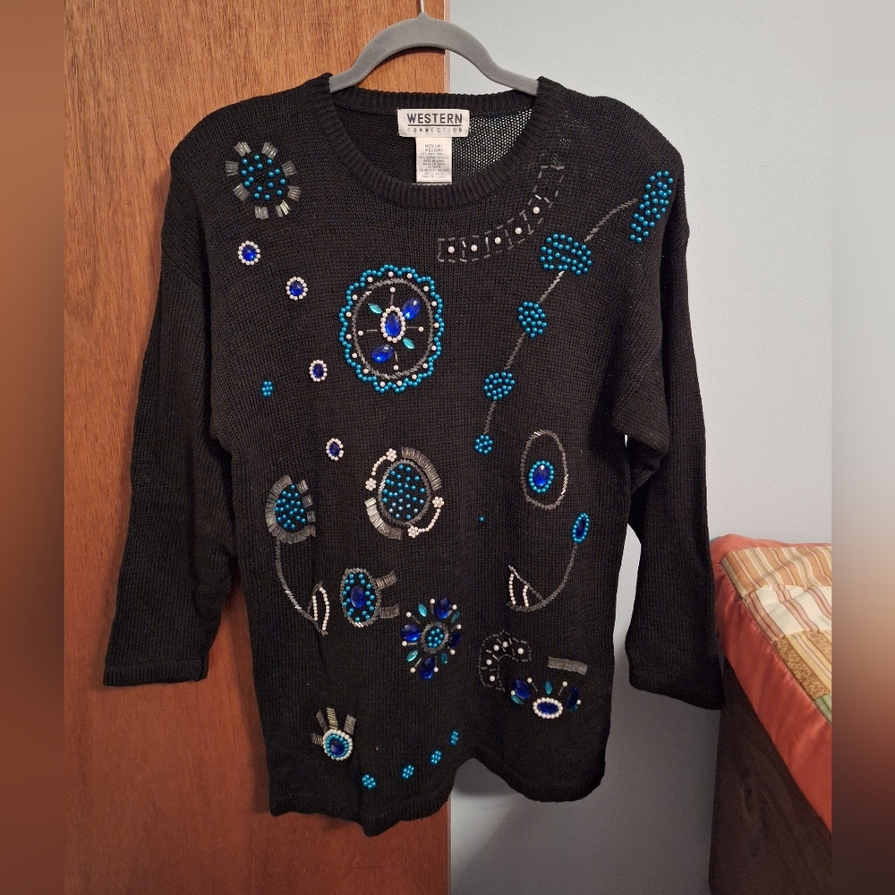 Final Price* Western Connections Vtg Black Sweater  Blue Silver  Size M